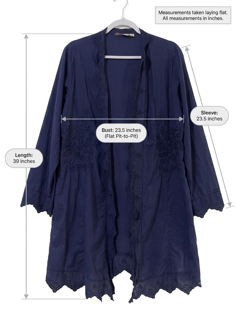 Soft Surroundings XL Navy Blue Embroidered Cotton Duster Cardigan - Picture 11 of 11